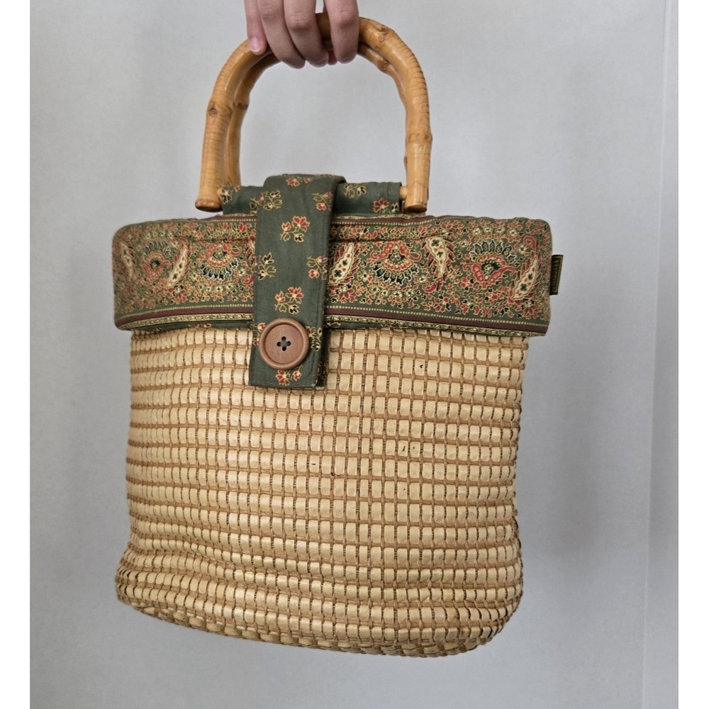 MaggiB Women's Straw Handbag Purse Floral Paisley Print Lining Bamboo Handles